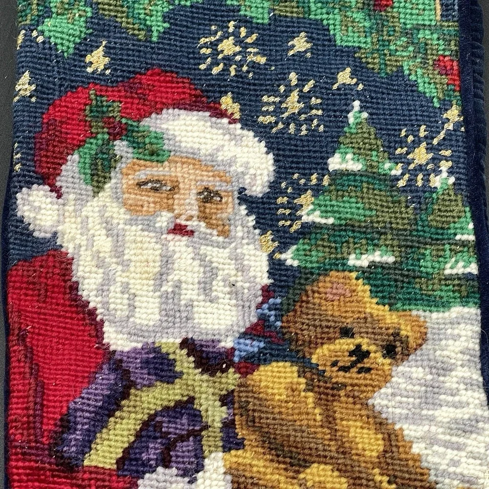 Vintage Needlepoint Christmas Stocking‎ Santa Teddy Bear Velvet Back 17.5